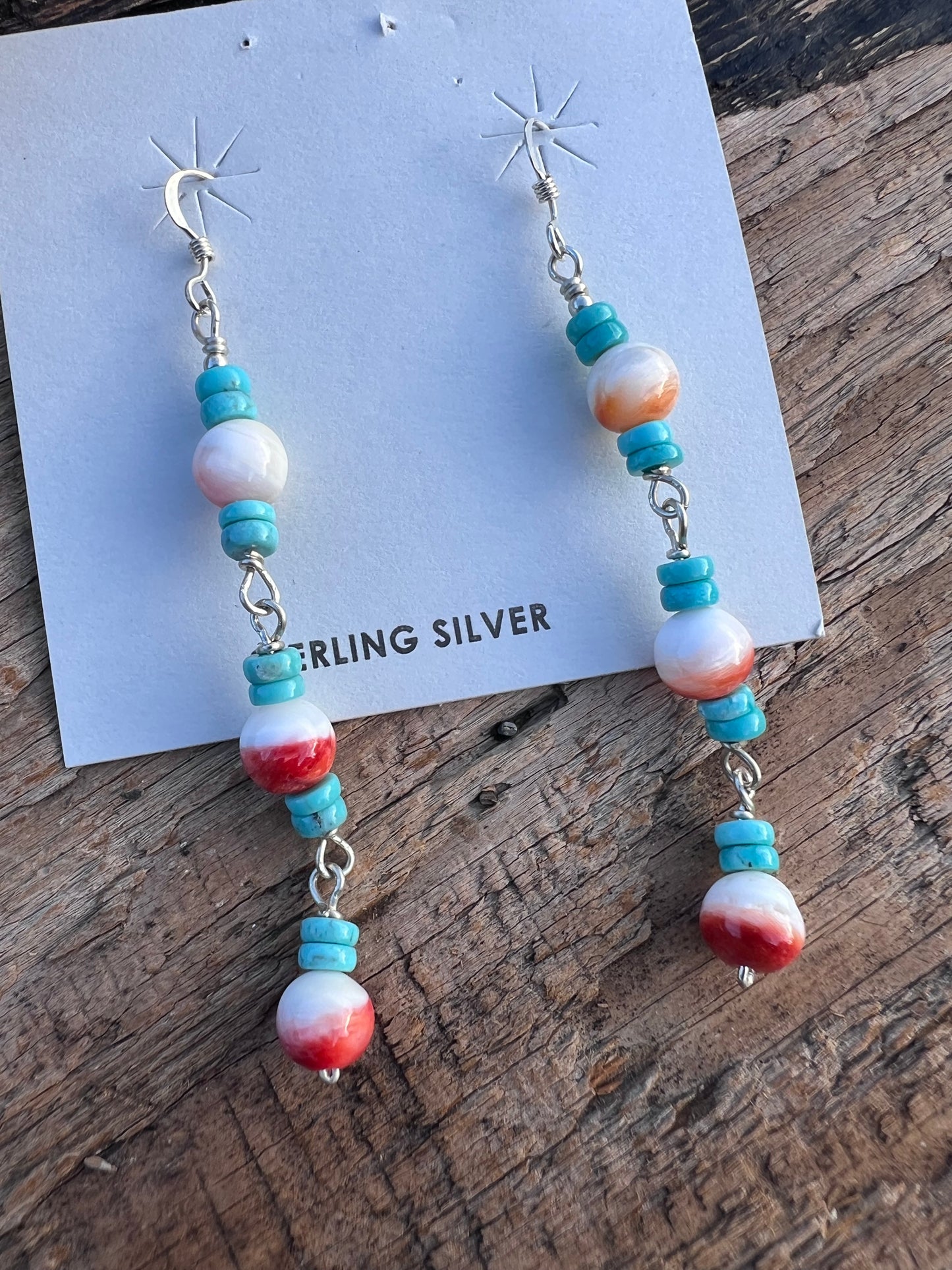 Sterling, Orange Spiny & Turquoise Dangle Earrings 2.75β
