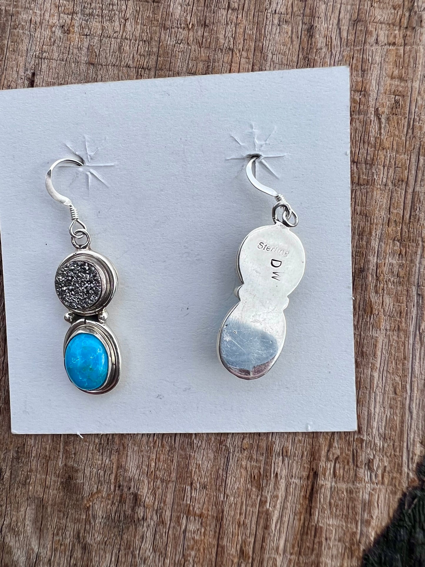 Native Navajo Handmade Sterling, Druzy & Turquoise Dangle Earrings 1 5/8β