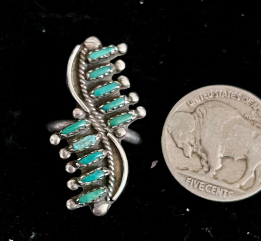 Vintage Native Zuni Handmade Needle Point Green Turquoise Ring Sz 6.5