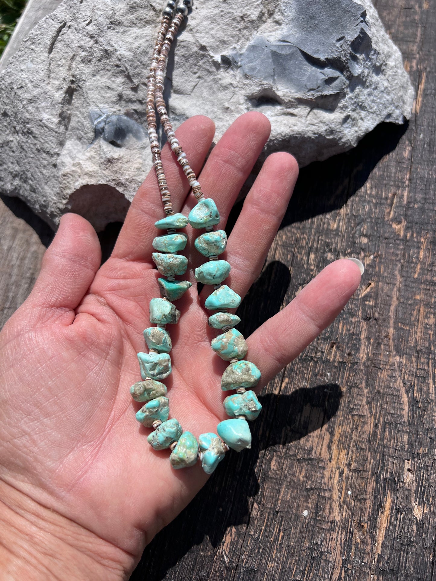 Handmade Chunky Campitos Turquoise, Olive Shell Heishi w/ Sterling Beads & Clasp Necklace & Bracelets Set