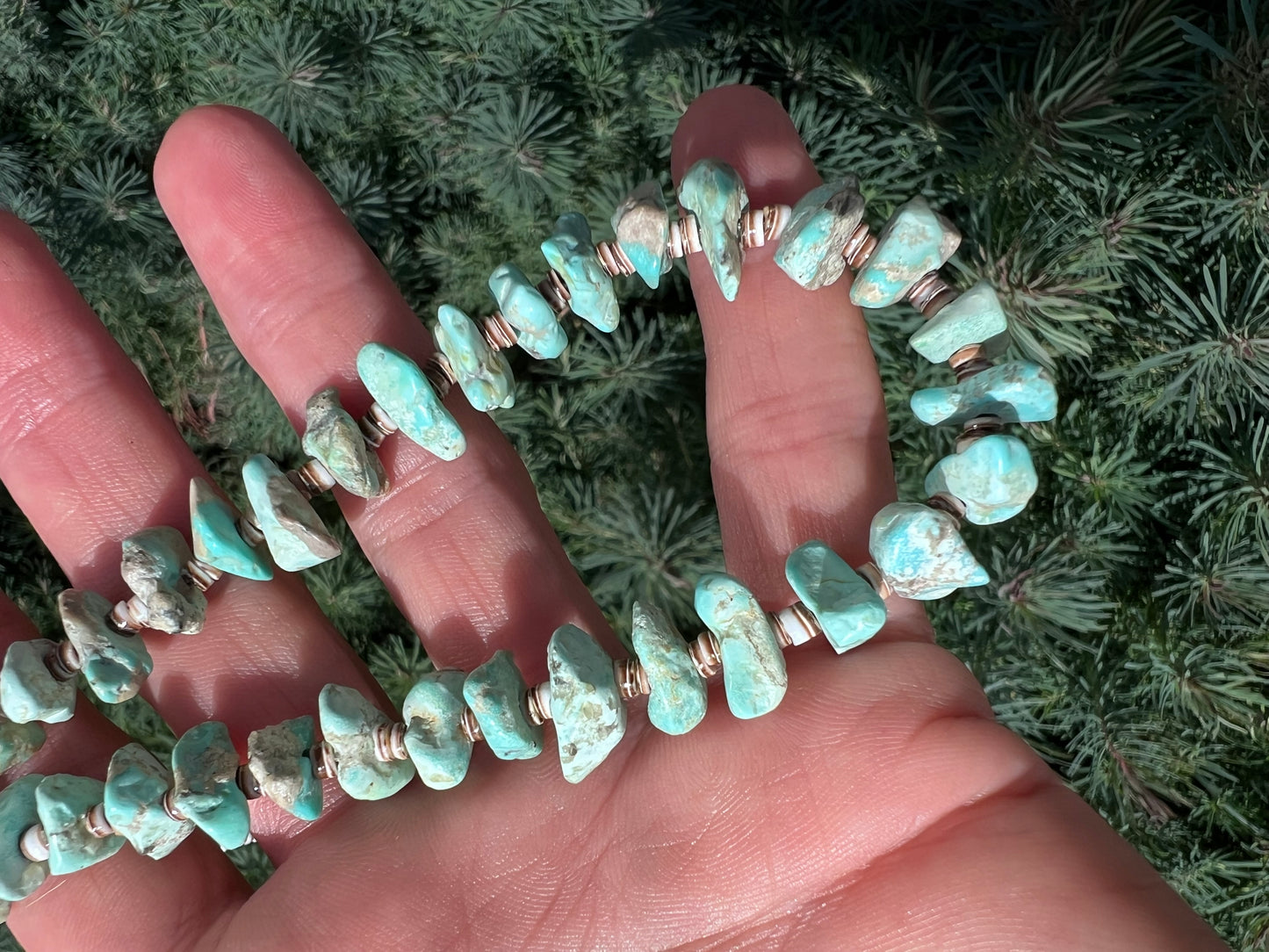 Handmade Chunky Campitos Turquoise Nugget (13mm) & Olive Shell Heishi (3mm) Necklace 18β w/Sterling Clasp & Beads