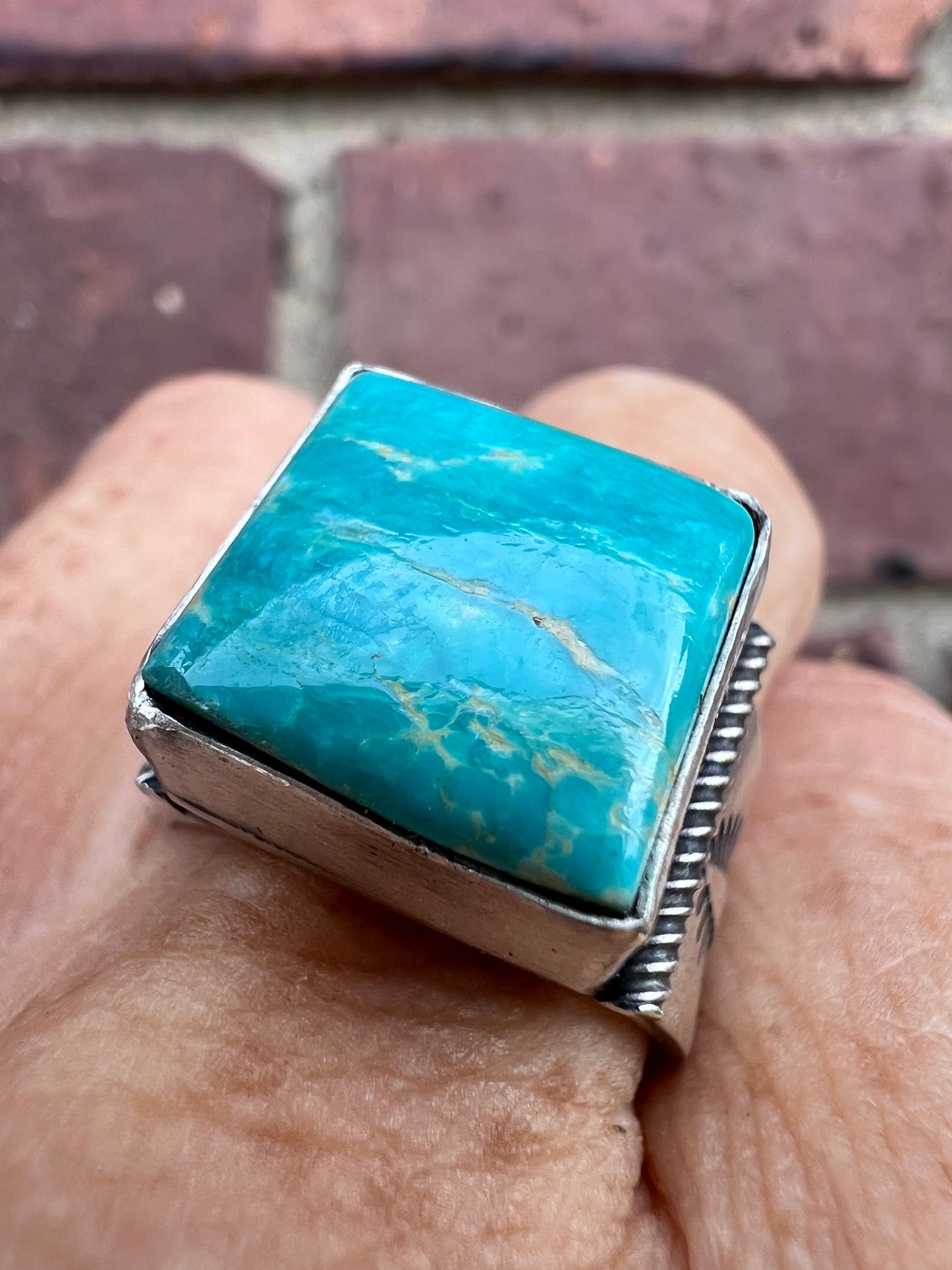 Native American Handmade By Ray Bennett. Sterling & Turquoise Square-stone Ring Sz 8