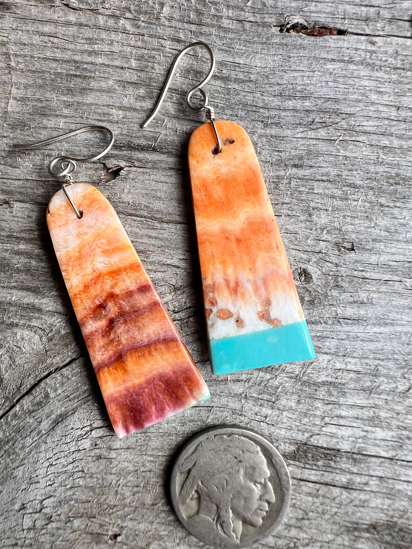 Handmade by Marcella Castillo- Orange Spiny & Turquoise Dangle Earrings 2.5β long