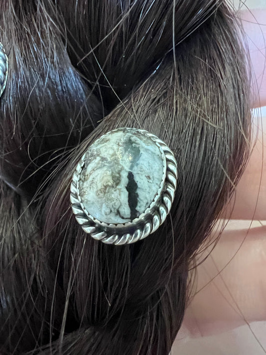 Native American Handmade Sterling & White Buffalo Hair Button 5/8β