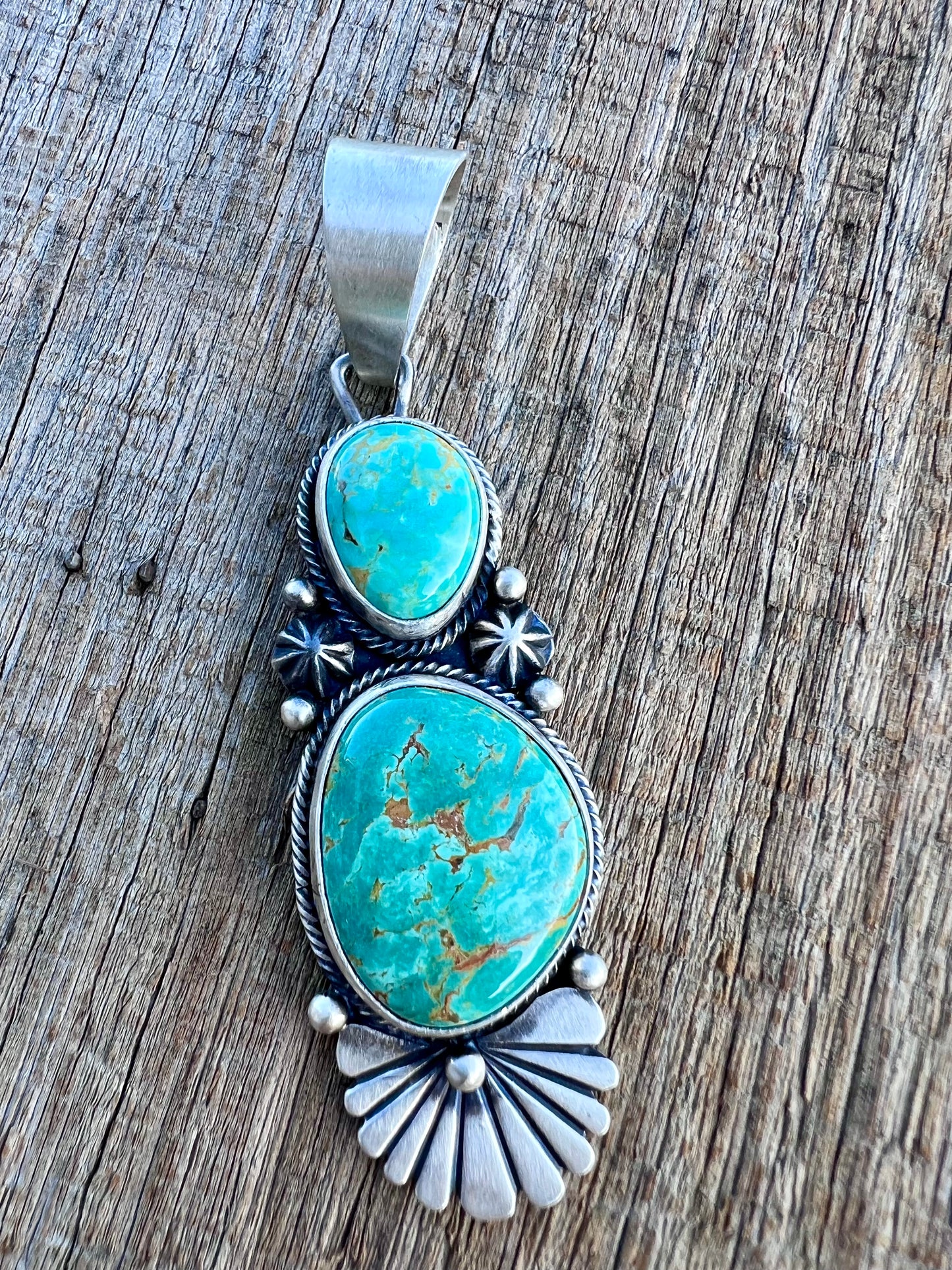 Native American Handmade by D. Benally. Sterling & Carico Lake Turquoise Pendant 3” w/ bale