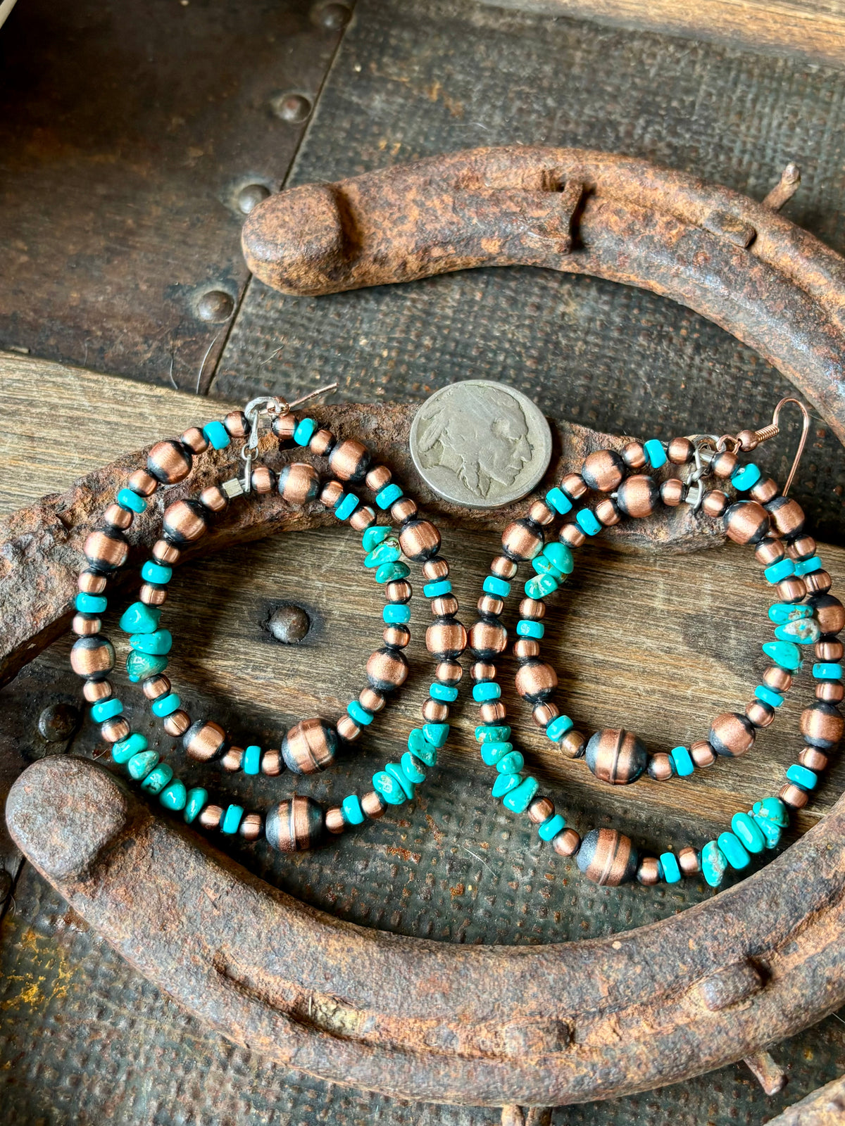 Copper & Turquoise Large Dangle Double-Hoop Earrings 3.5” long