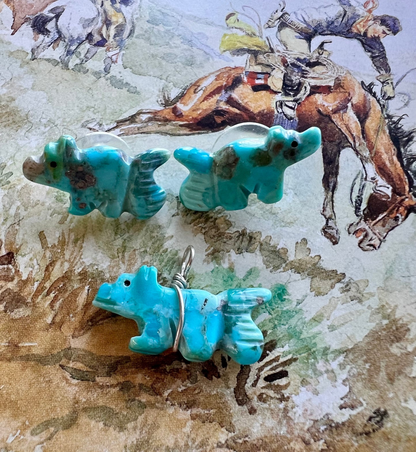 Zuni Handmade Turquoise Fetish Post Earrings & Pendant Set 1βx1/2β