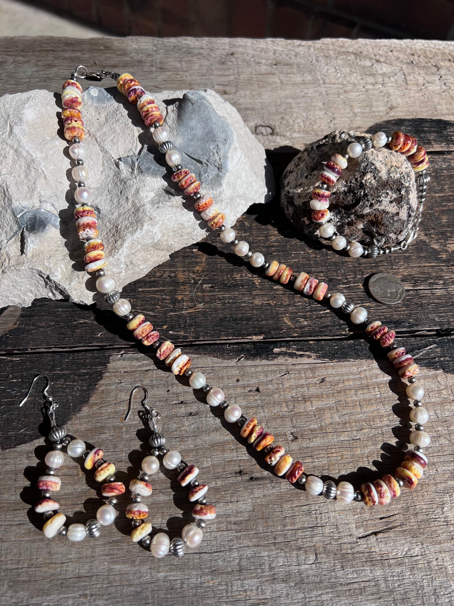 Southwest Handmade Spiny Oyster, Freshwater Pearls & Sterling Silver Necklace, Bracelet & Earrings Set
