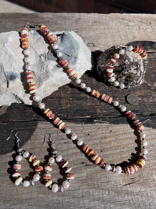 Southwest Handmade Spiny Oyster, Freshwater Pearls & Sterling Silver Necklace, Bracelet & Earrings Set