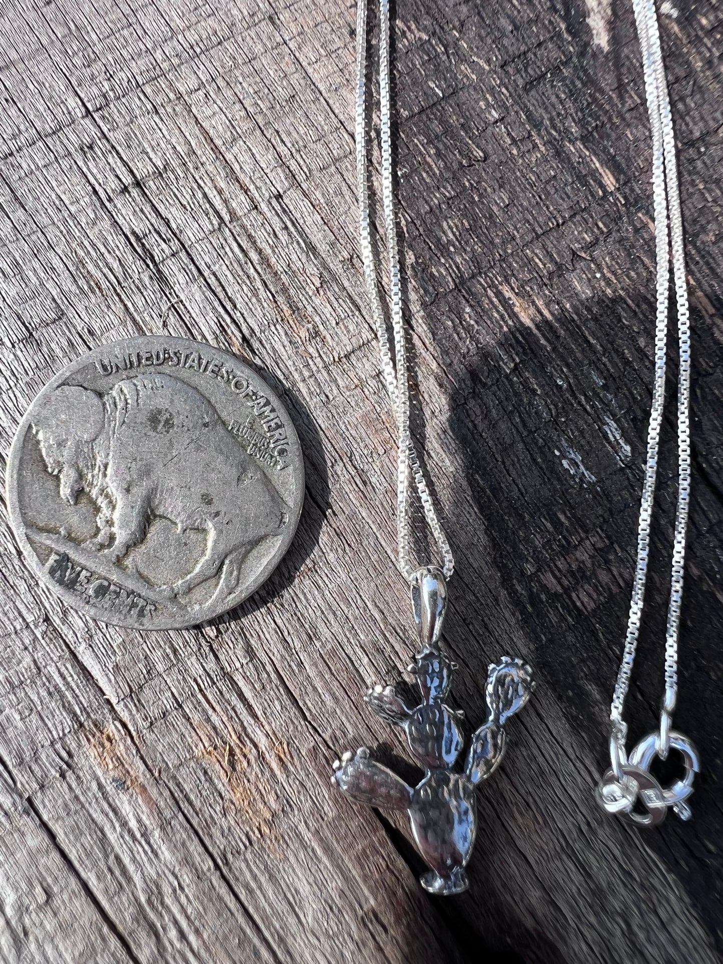 Sterling Silver Cactus Pendant & Box Chain Necklace 16”