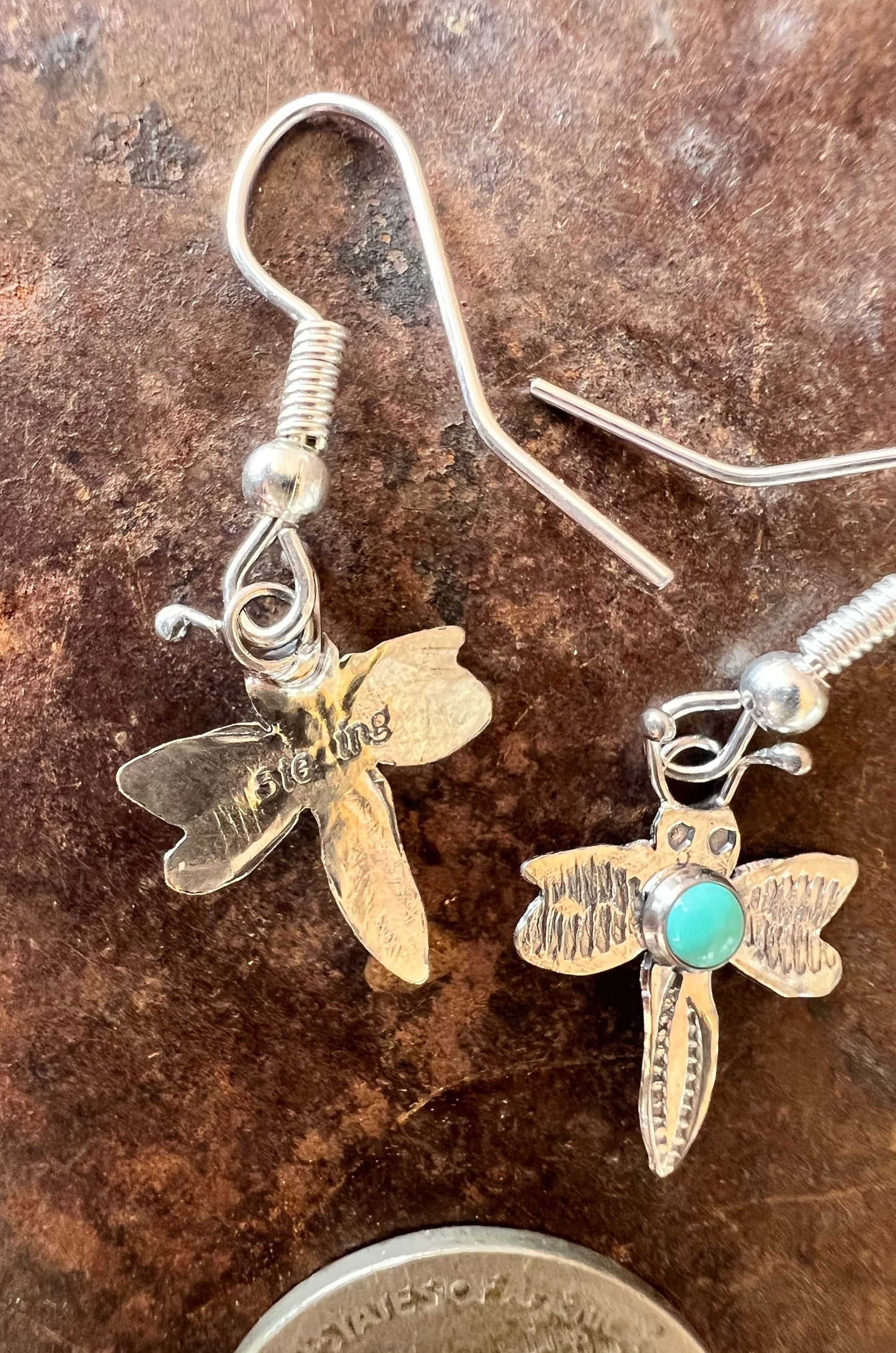 Dainty Handmade by Lucille Platero (Navajo) Turquoise & Sterling Silver DragonflyEarrings 1.25” Length