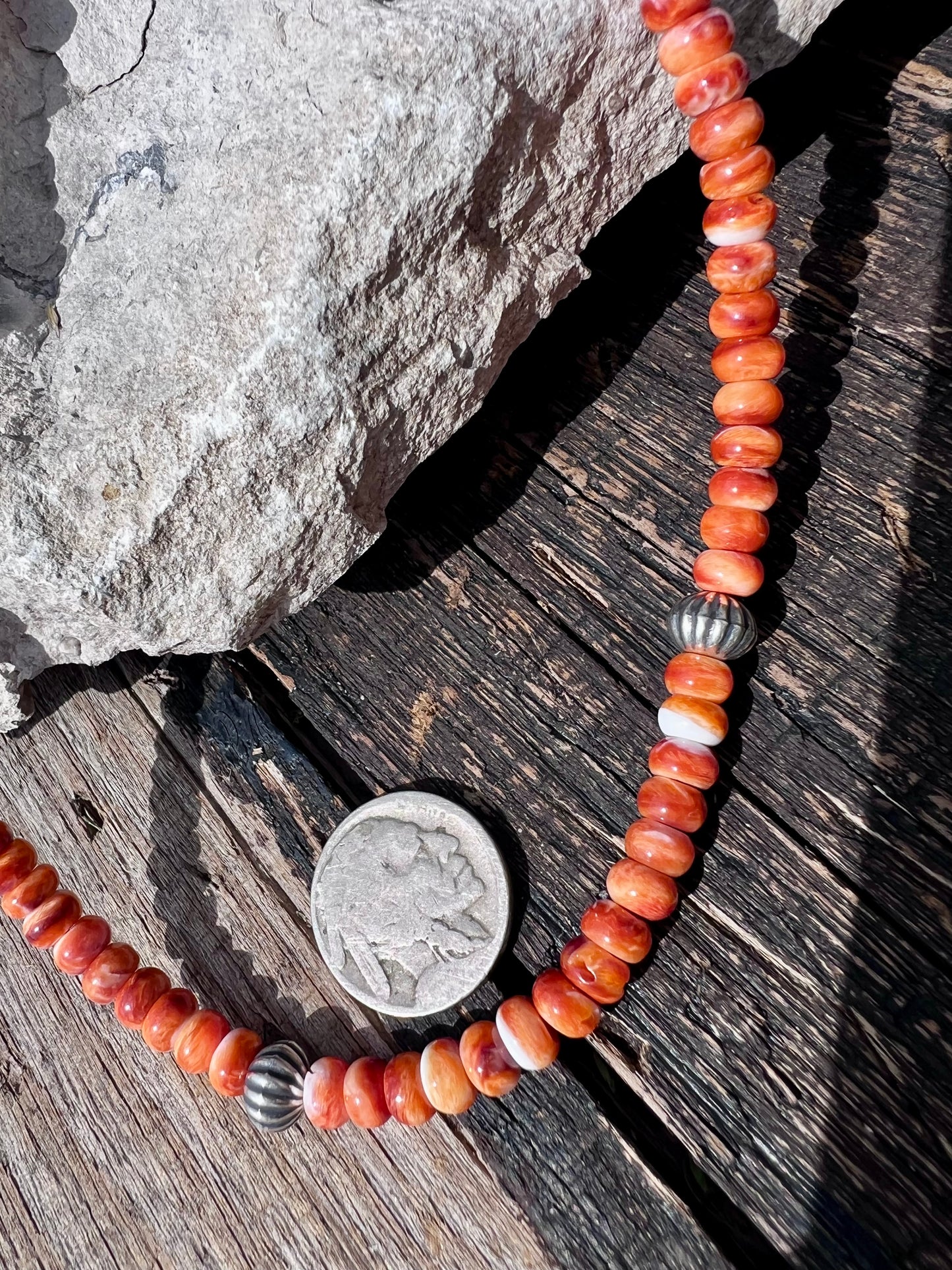 Orange Spiny Oyster Rondelle Beads 6mm & Sterling Corrugated Beads 8mm Necklace 16.5β