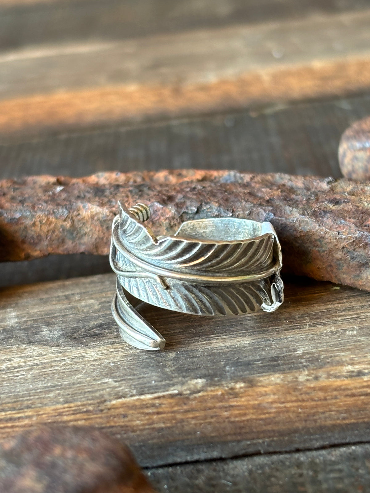 Native Handmade by Chris Charley Sterling Silver Feather Ring Size Adjustable