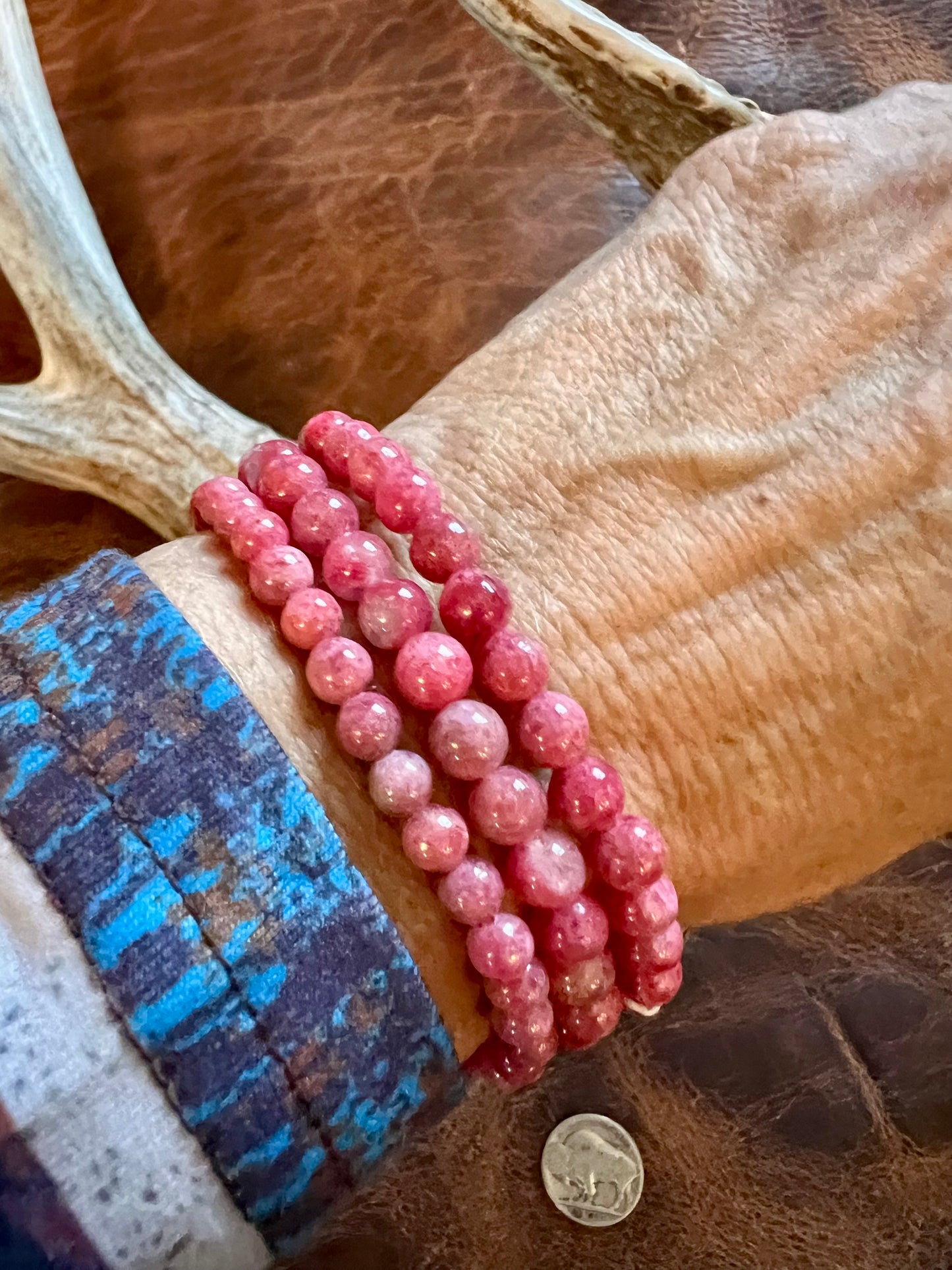 Strawberry Rose Quartz Stretch Bracelets(set of 3) Sz 6.5”