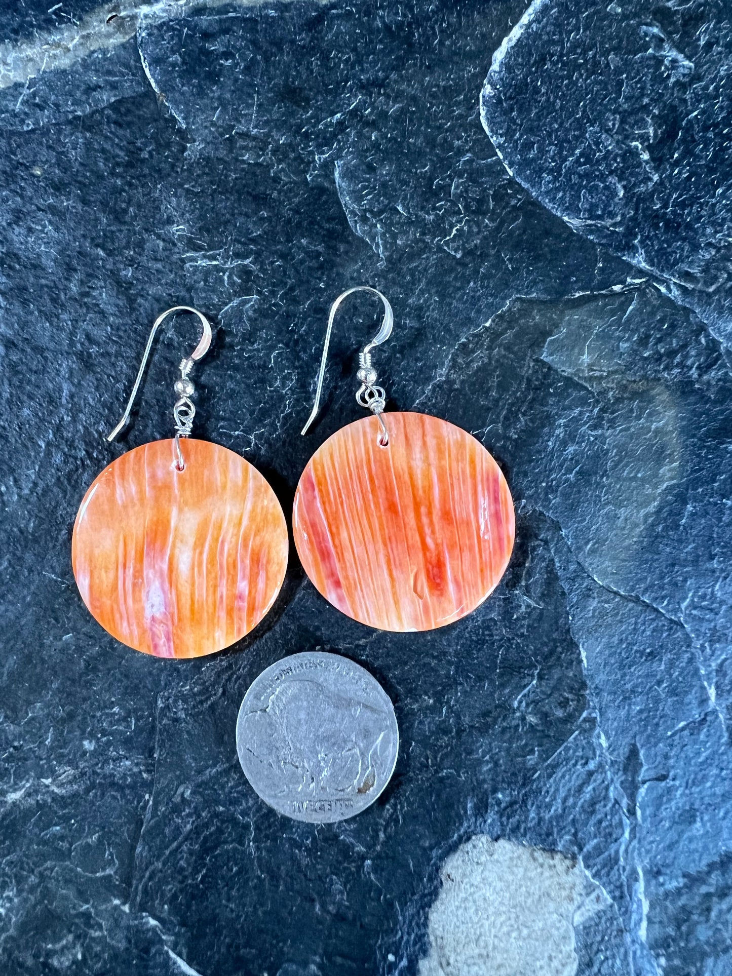 Native Hanmade Orange Spiney Oyster Shell Round Dangle Earrings 2” long