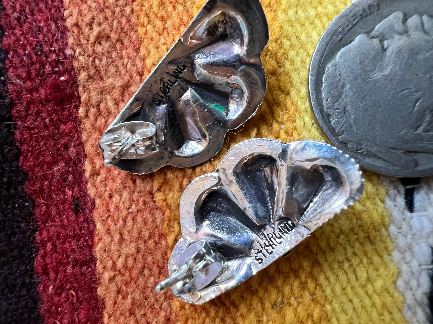 Native Handmade by Joann Begay Sterling & Turquoise Half Cluster Scalloped Repousse Post Earrings 3/4β x 1/2β