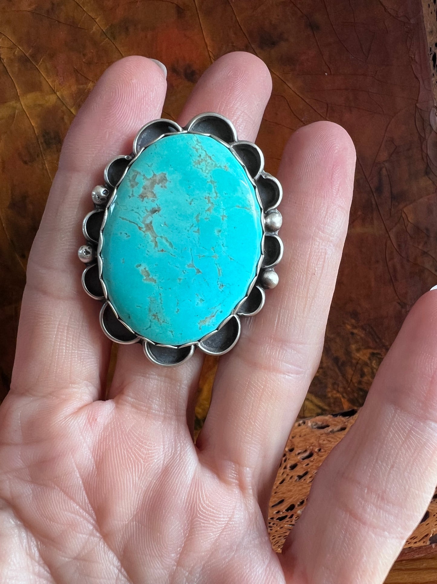 Native American Handmade by Miranda Willie, Sterling & Large Campitos Turquoise Stone Ring Sz 6.5 Adjustable