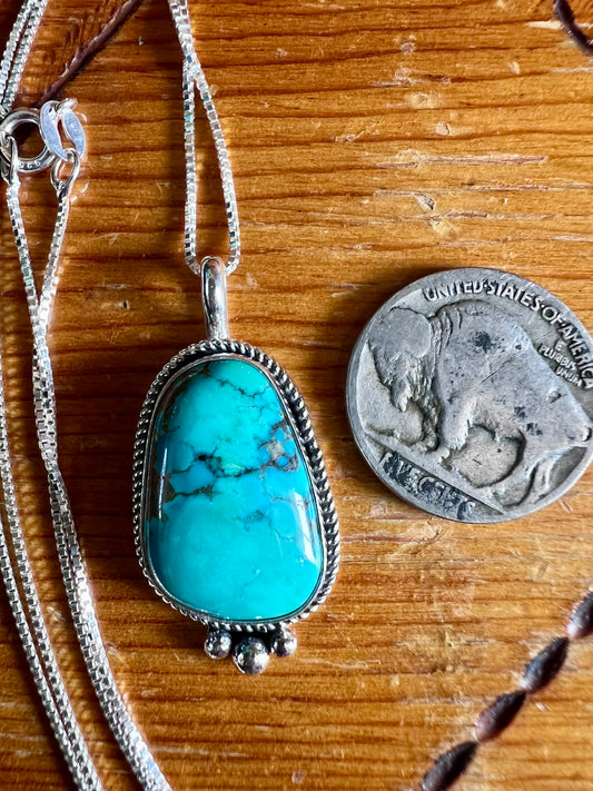 Handmade Sterling & Carico Lake Turquoise Pendant w/ 16β Sterling Box Chain