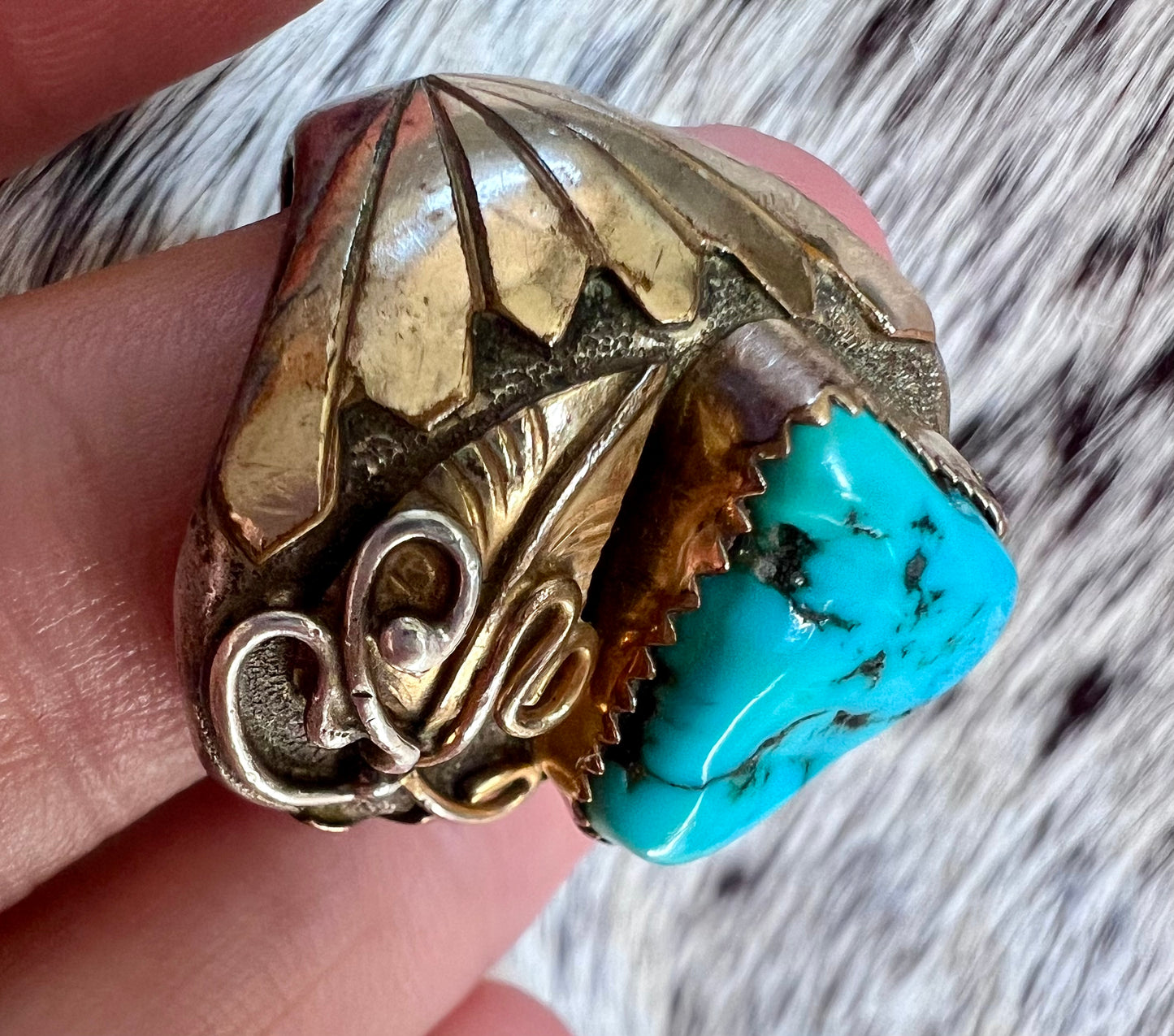 Vintage Chunky Navajo Handmade 12kt Gold Fill, Sterling & Kingman Turquoise Nugget Ring Sz 9.5