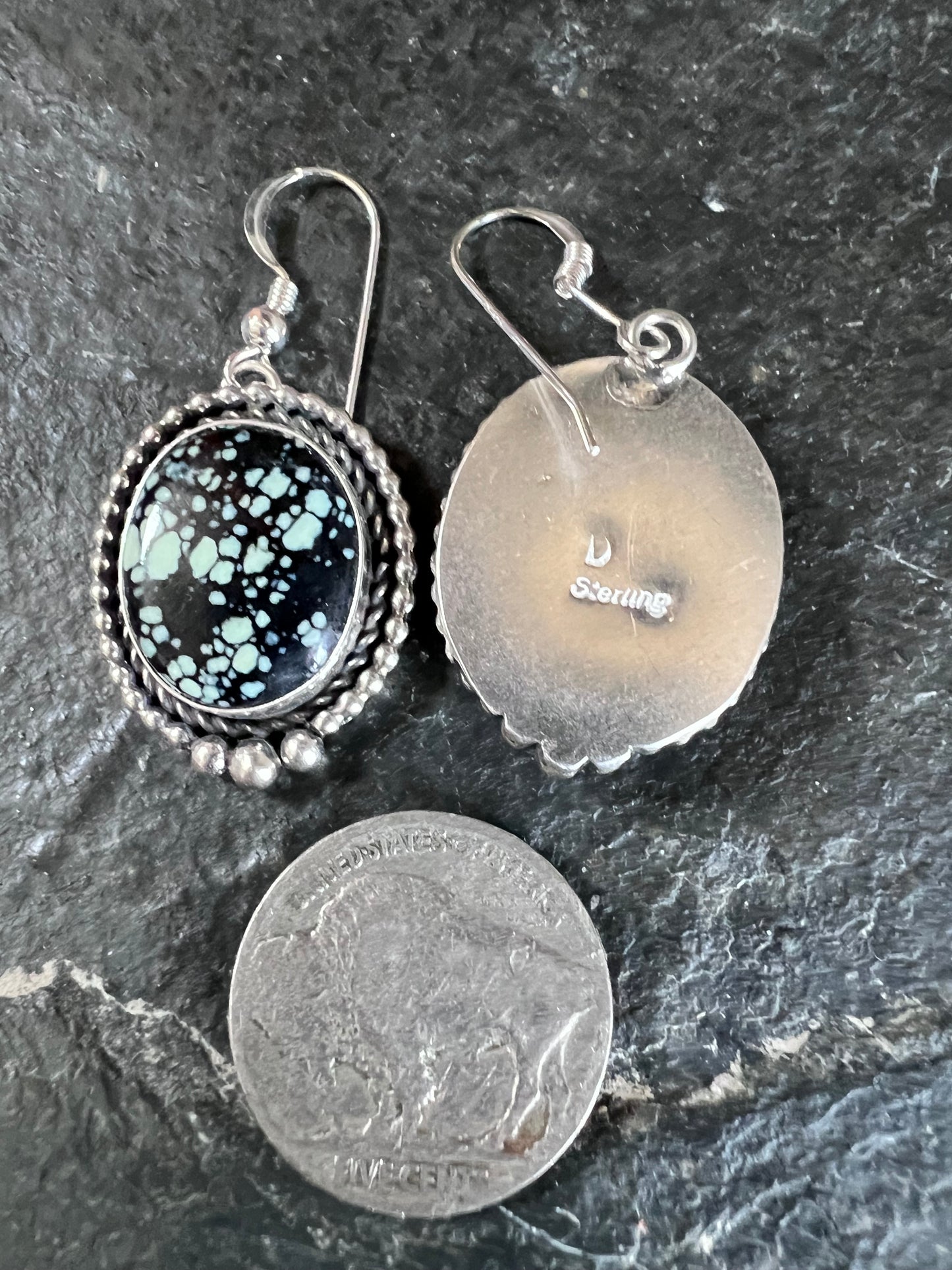 Native American Handmade by Dustin Calvin. Sterling & New Lander Variscite Dangle Earrings 1.7β long