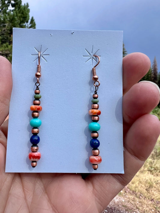 Southwest Handmade Copper, Orange Spiney, Turquoise & Lapis Bead Dangle Earrings 2.4β
