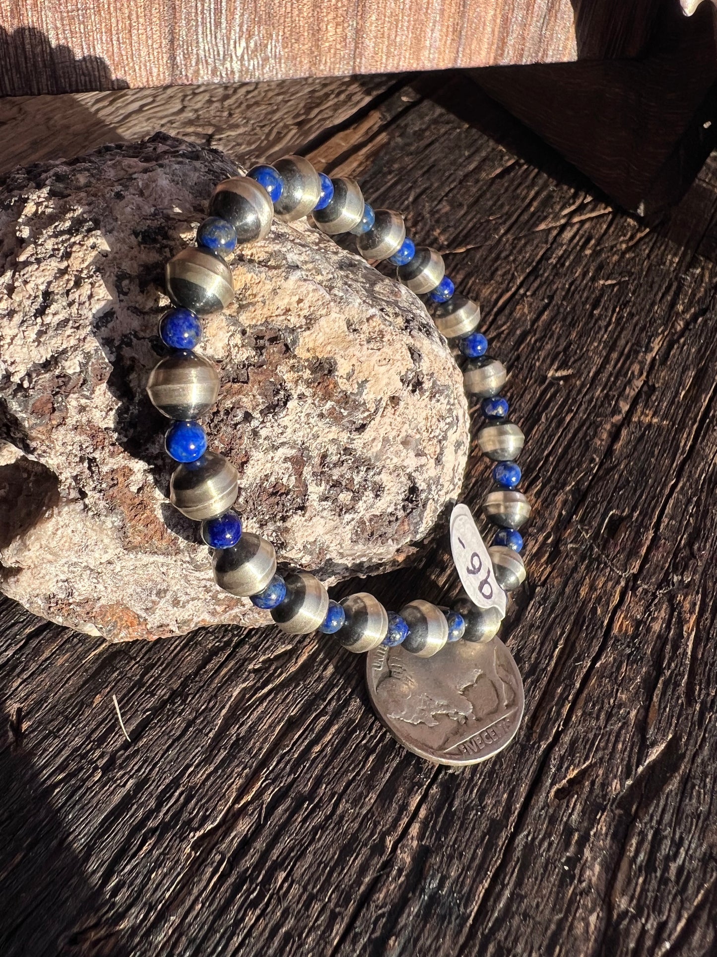 Southwest Sterling & Lapis Bead Stretch Bracelet Sz 6.5”