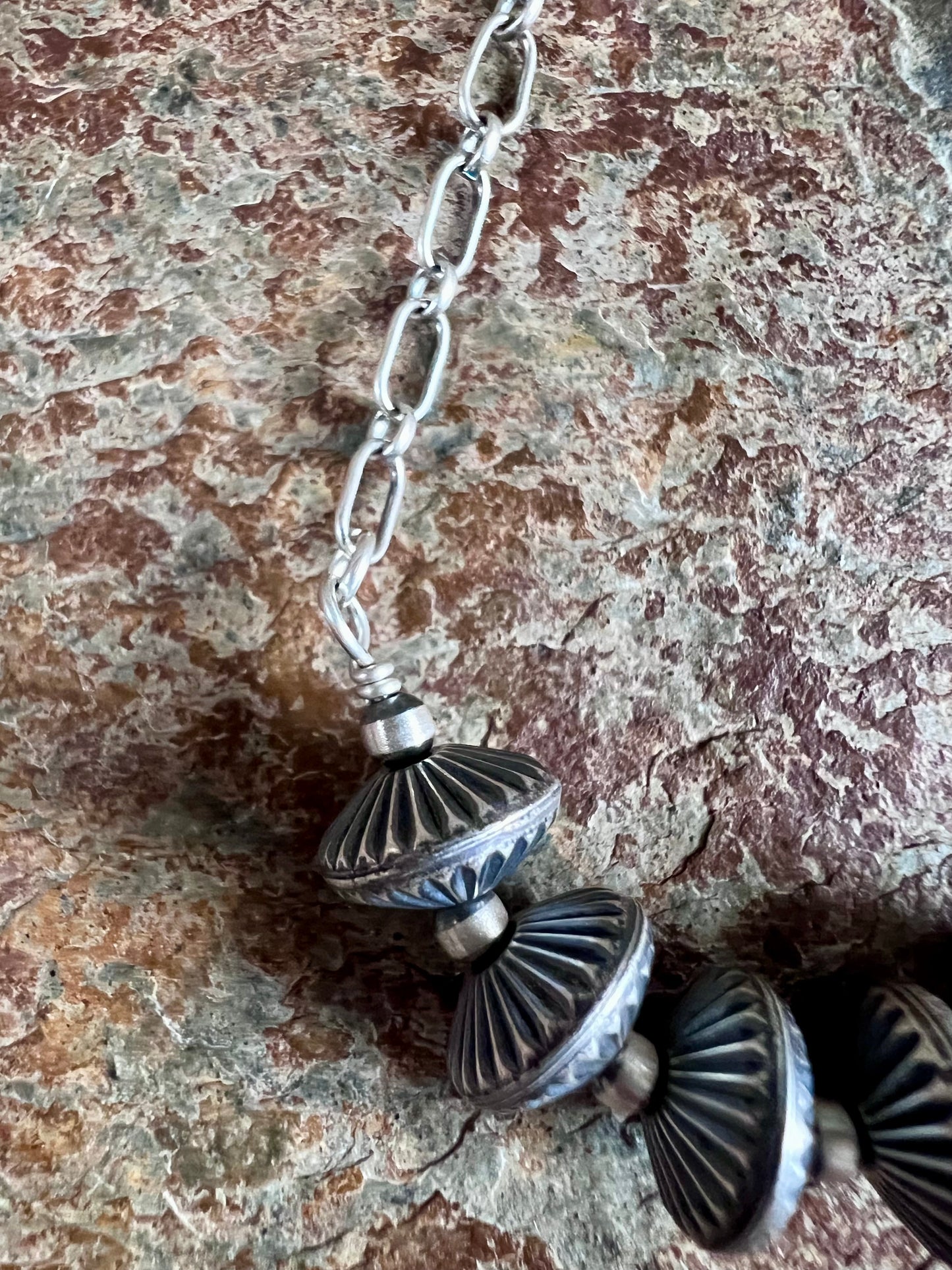 Sterling Silver Link Chain & Corrugated Oxidized Saucer 10mm Beads Necklace 16β