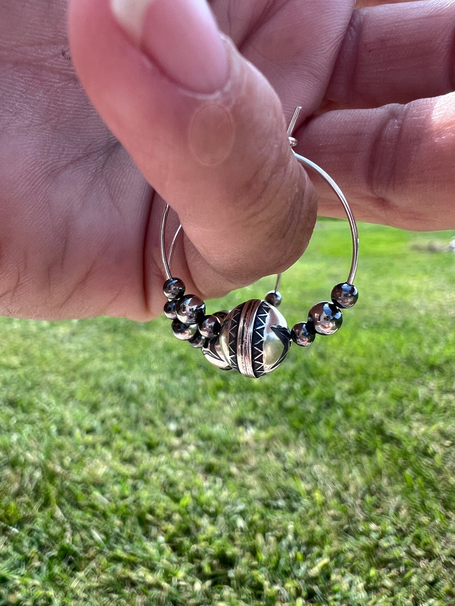 Sterling Silver 3-10mm Beads Hoop Earrings 1.2”