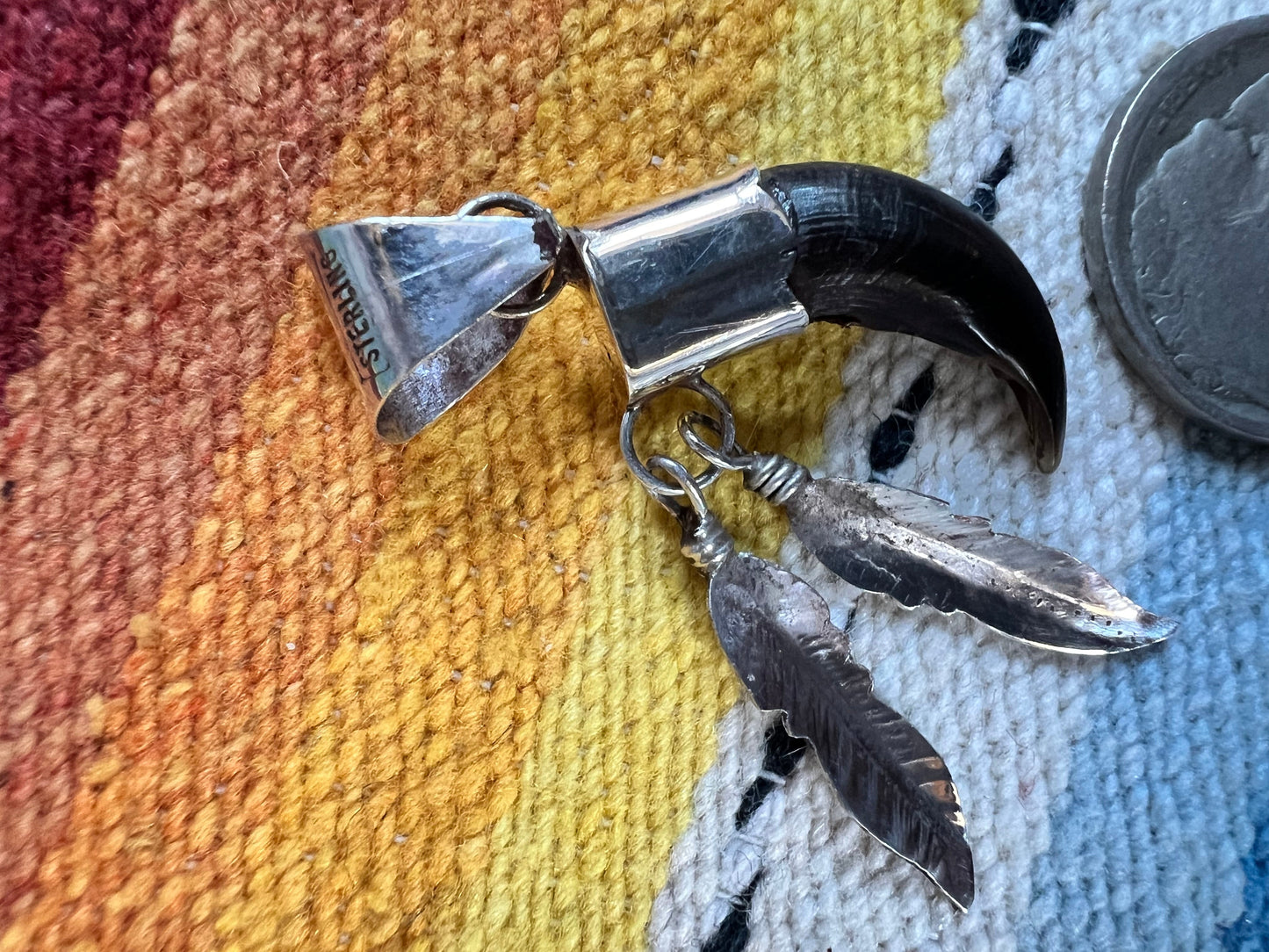 Navajo Handmade by Ernest Hawthorne Sterling Silver, Turquoise & Badger Claw w/Feathers Pendant 2”