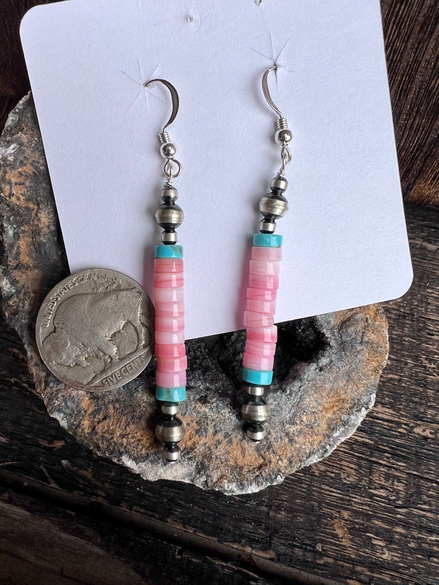 Southwest Sterling, Pink Conch & Turquoise Heishi Necklace & Earring Set