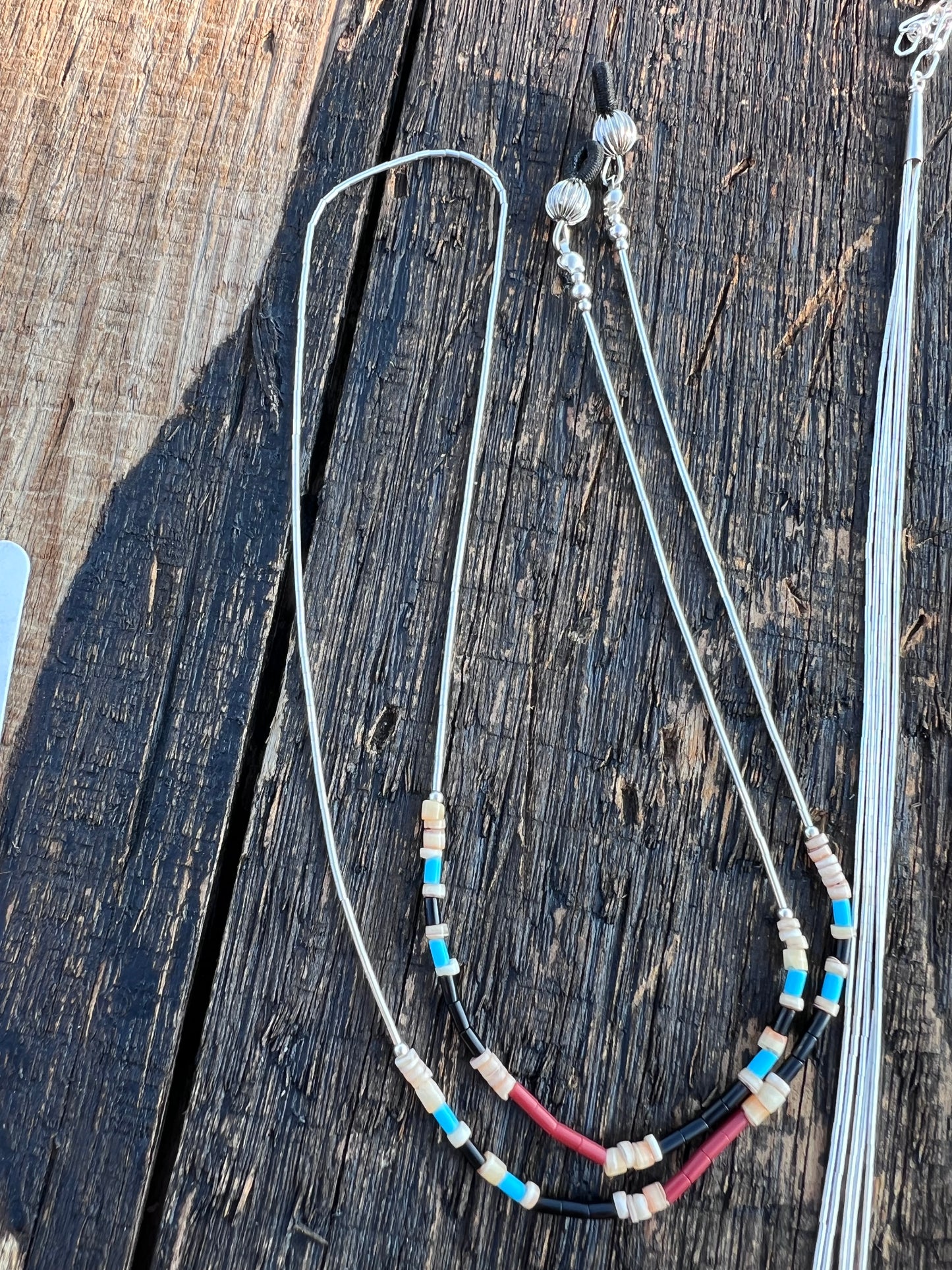 Sterling Liquid Silver, Turquoise, Red Coral, Jet Heishi Eye Glass Holder