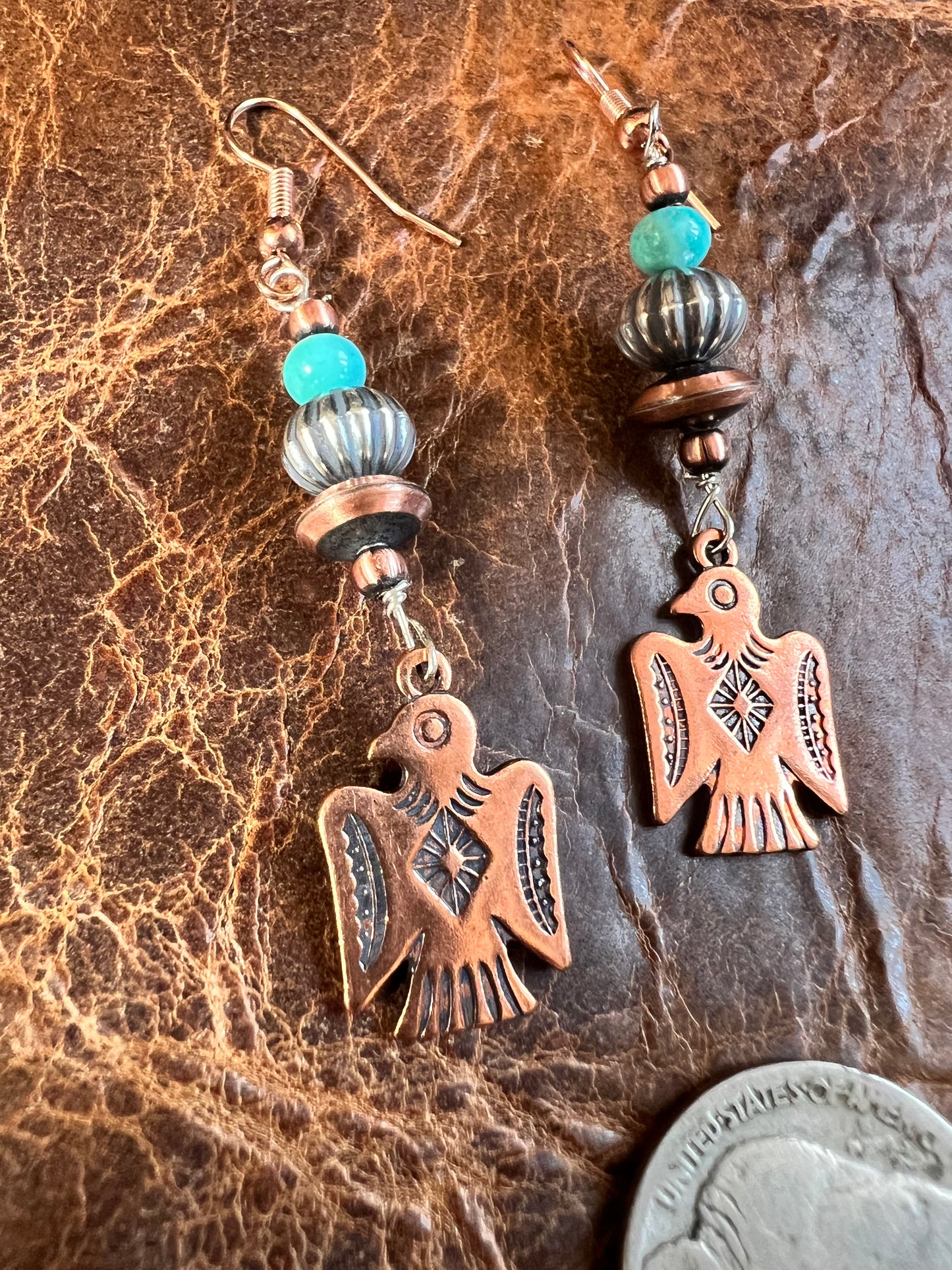 Copper, Sterling & Turquoise Bead Thunderbird Dangle Earrings 2.5β