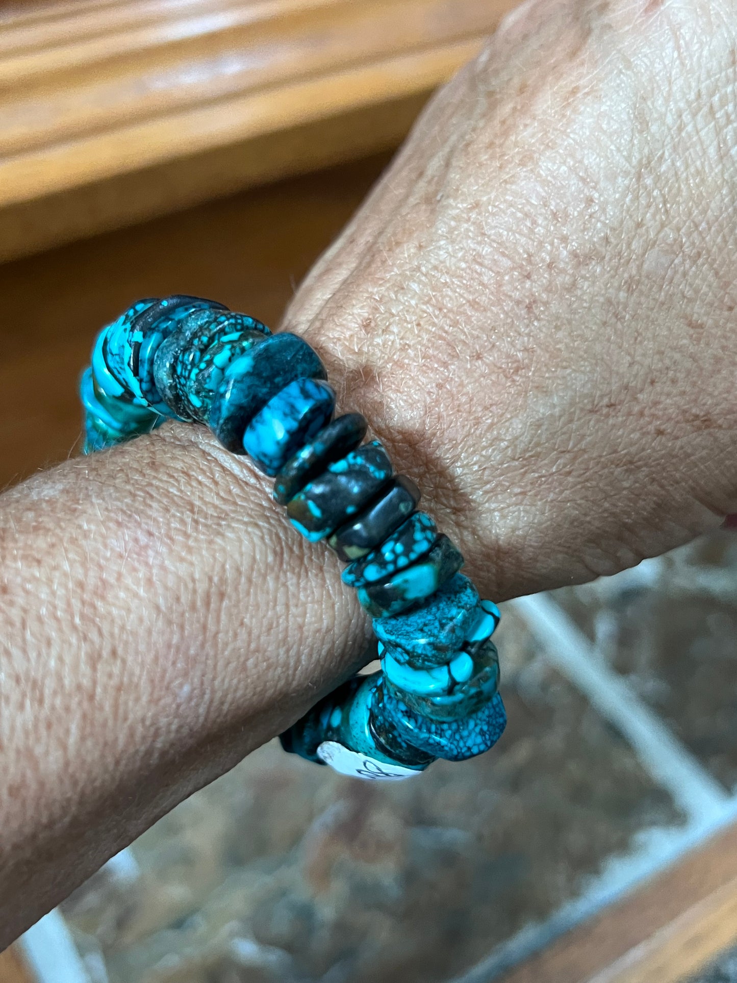 Southwest Handmade Chunky Hubei Turquoise Bead 15mm Stretch Bracelet Sz 7β