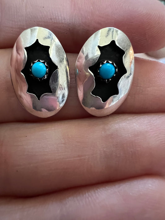 Navajo Handmade Sterling Silver & Turquoise Shadowbox Post Earrings 5/8β