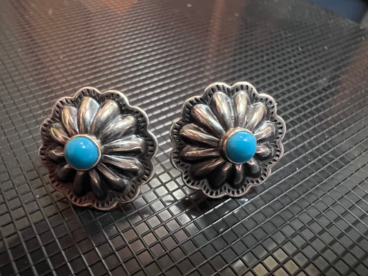 Southwest Sterling & Turquoise Concho Post Earrings 1/2β