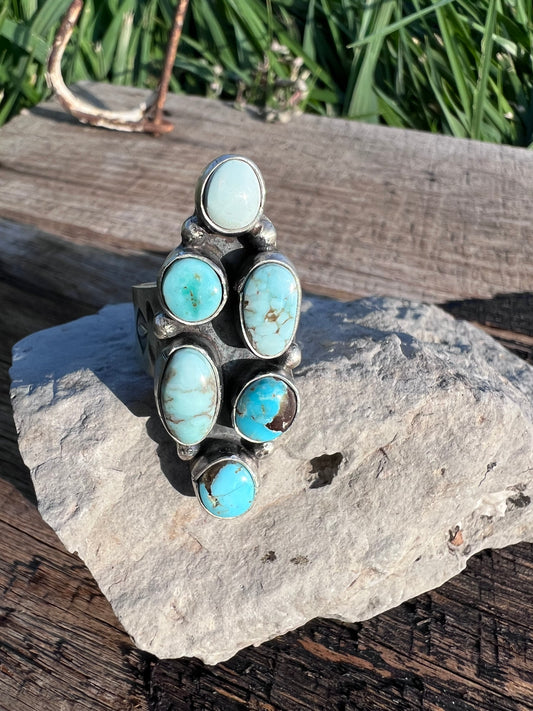 Native American Handmade by Jackson Hoskie- RARE Dry Creek Turquoise 6-stone Ring Sz 7.75