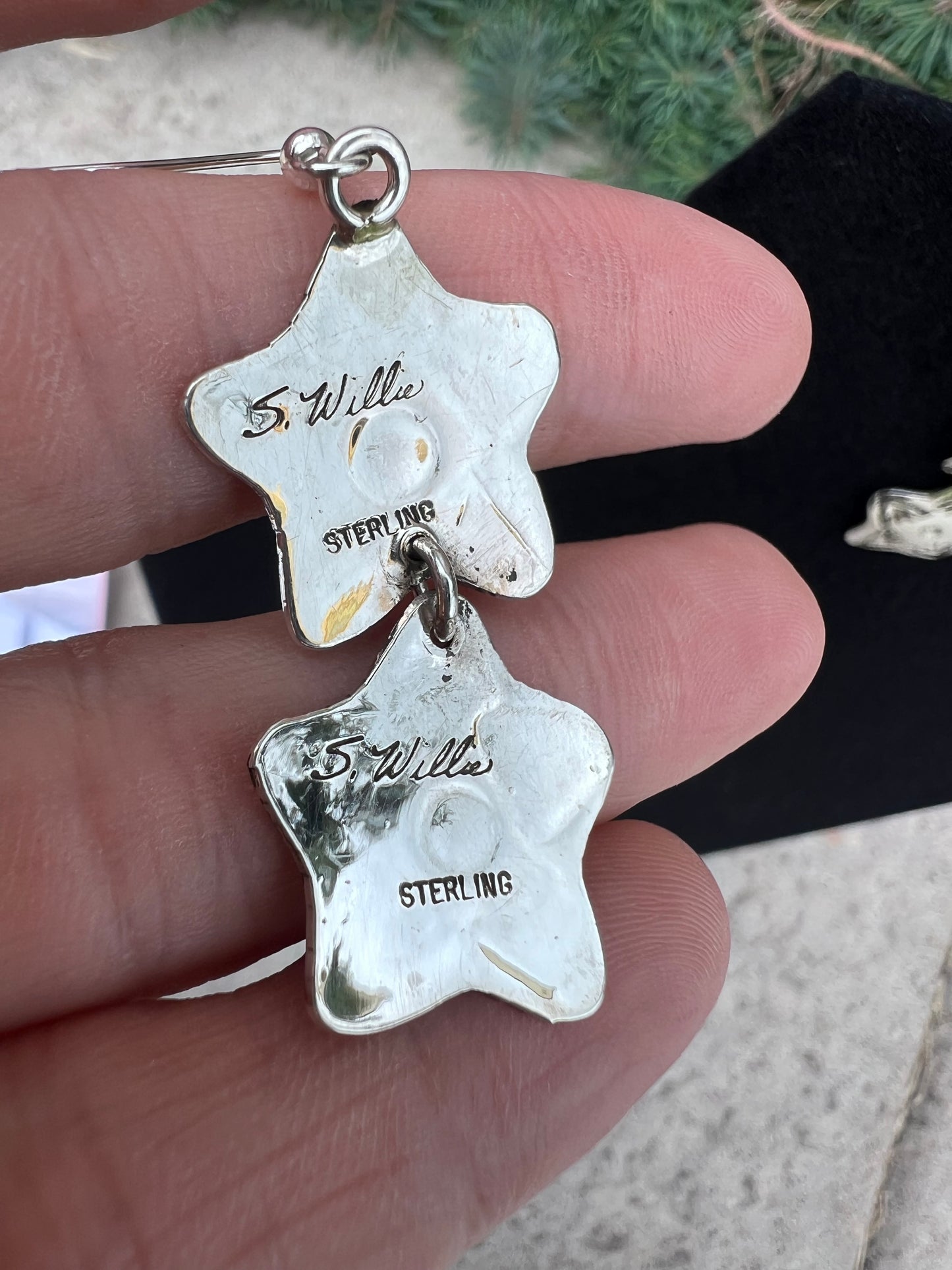Native American Handmade by S. Willie. Sterling Star Dangle Earrings 2 1/8β long
