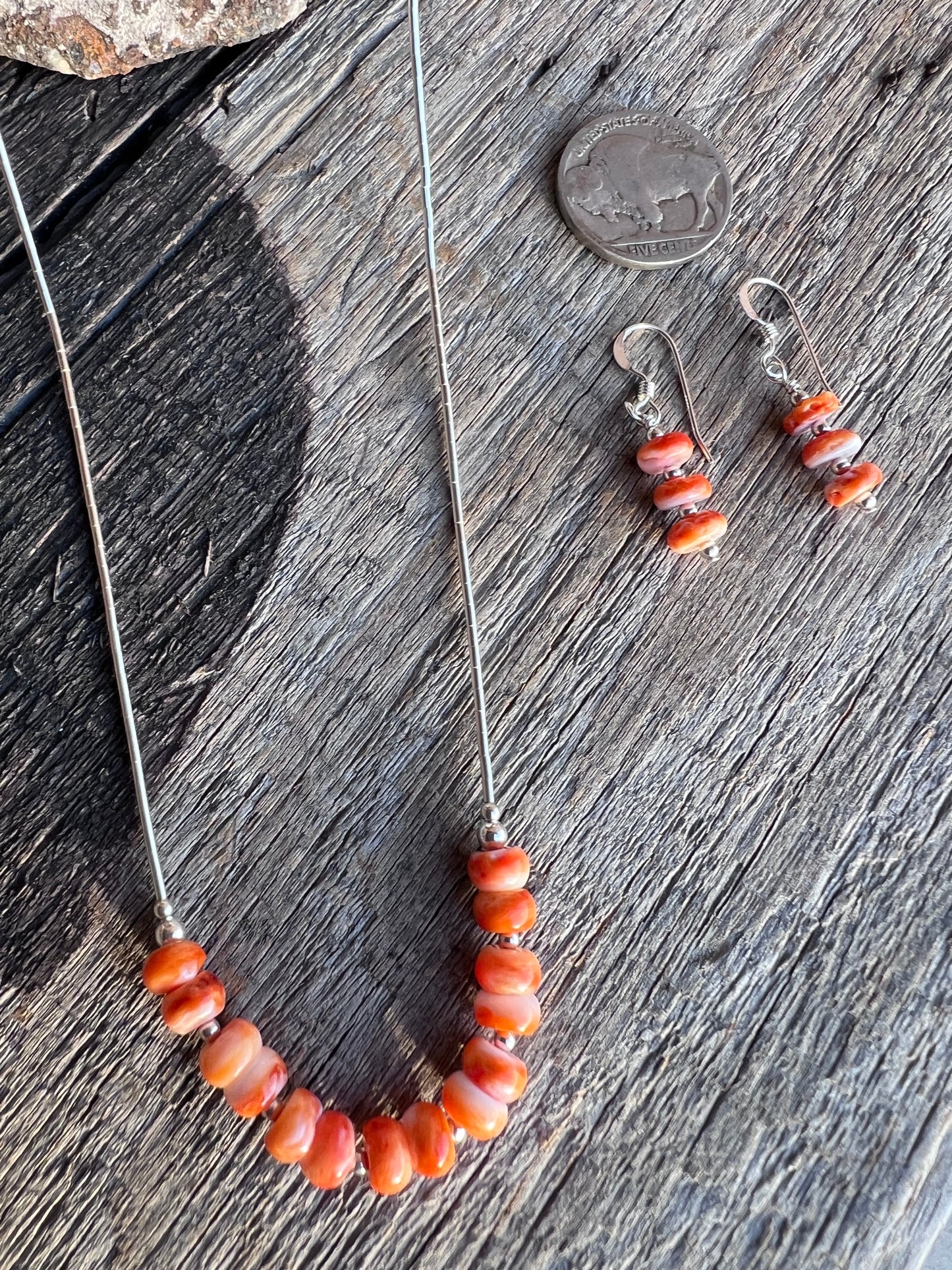Southwest Orange Spiny & Sterling Liquid Silver Necklace & Earrings Set