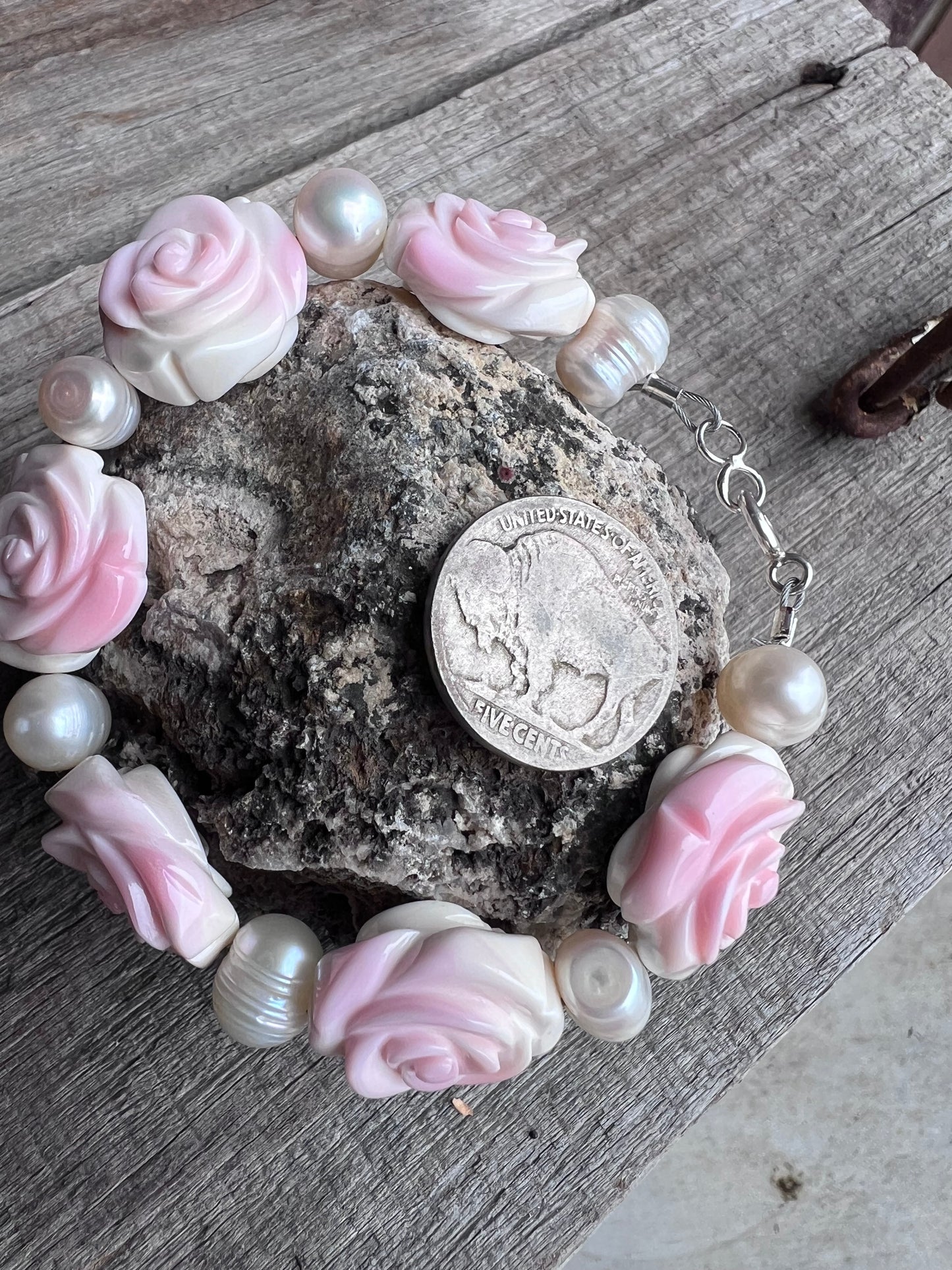 Pink Conch Shell Carved Rose & Natural Freshwater Pearl Necklace, Bracelet & Earrings Set