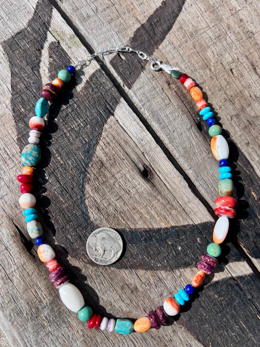 Chunky Lapis, Spiny Oyster, Wampum Shell, Turquoise & Coral Necklace 16-18β