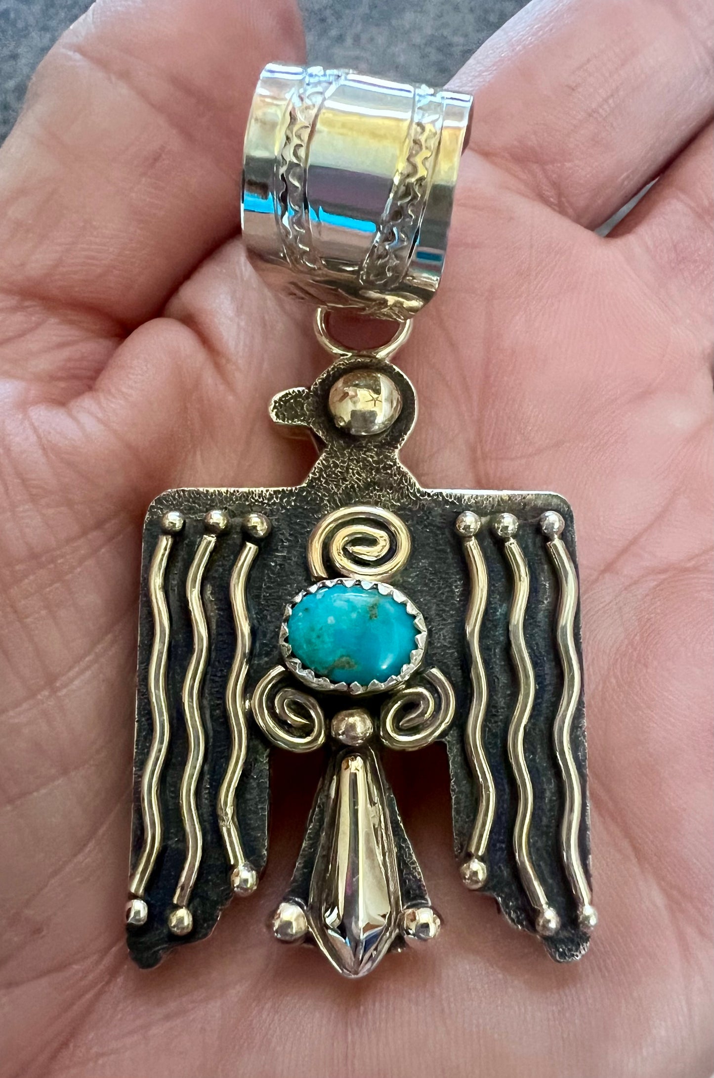 Native American Handmade Sterling Silver 2-tone & Turquoise Thunderbird Pendant 2.75”x 1.25”