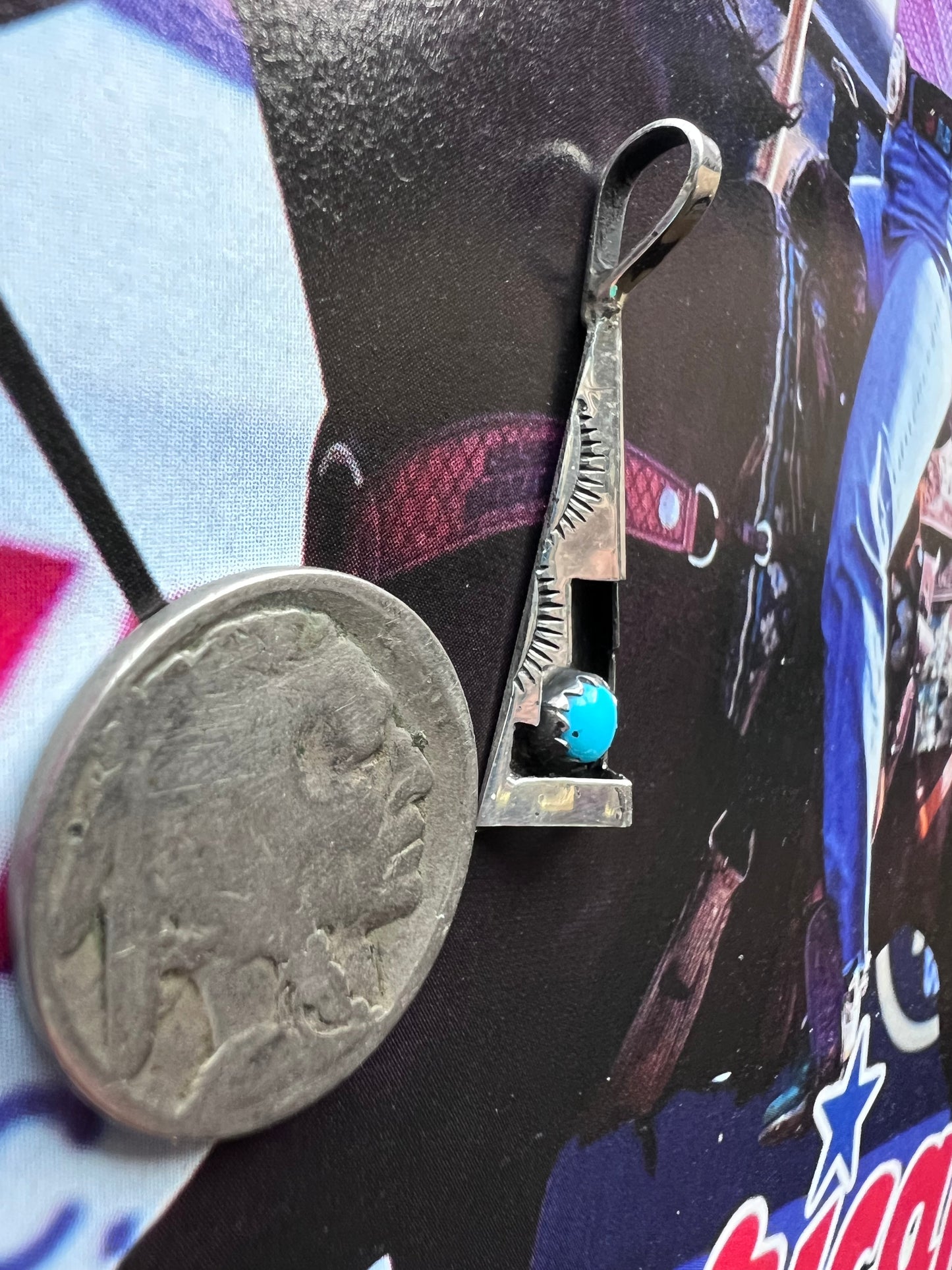 Native American Handmade Sterling & Turquoise Shadowbox Tepee Pendant 1.3” x .4”