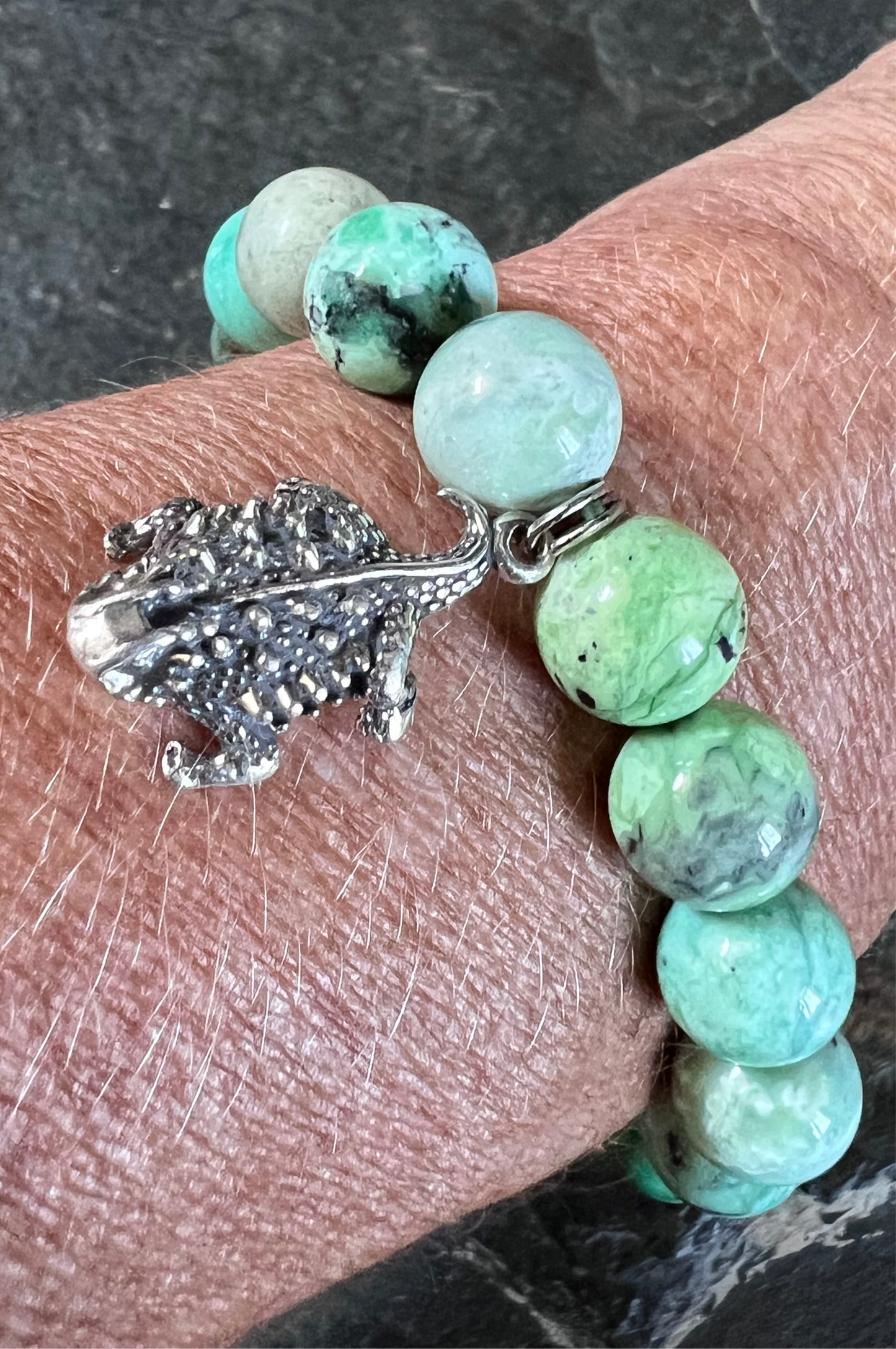 Variscite 10mm Bead Stretch Bracelet with Sterling Horn Toad Charm Sz 7.5