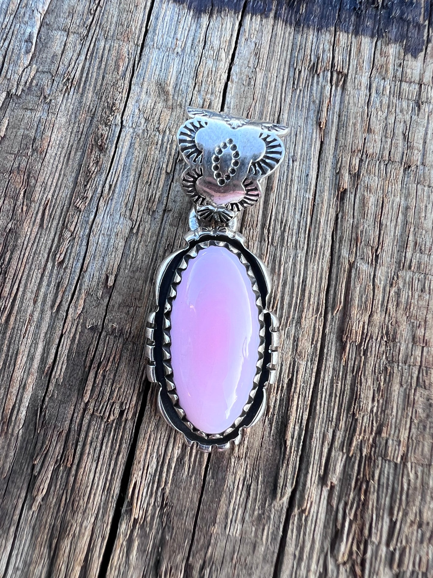 Native American Handmade Sterling & Pink Conch Pendant w/Stamped Bale 1.5”