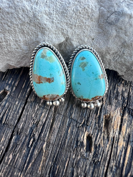 Native American Handmade Kingman Turquoise & Sterling Post Earrings 1β