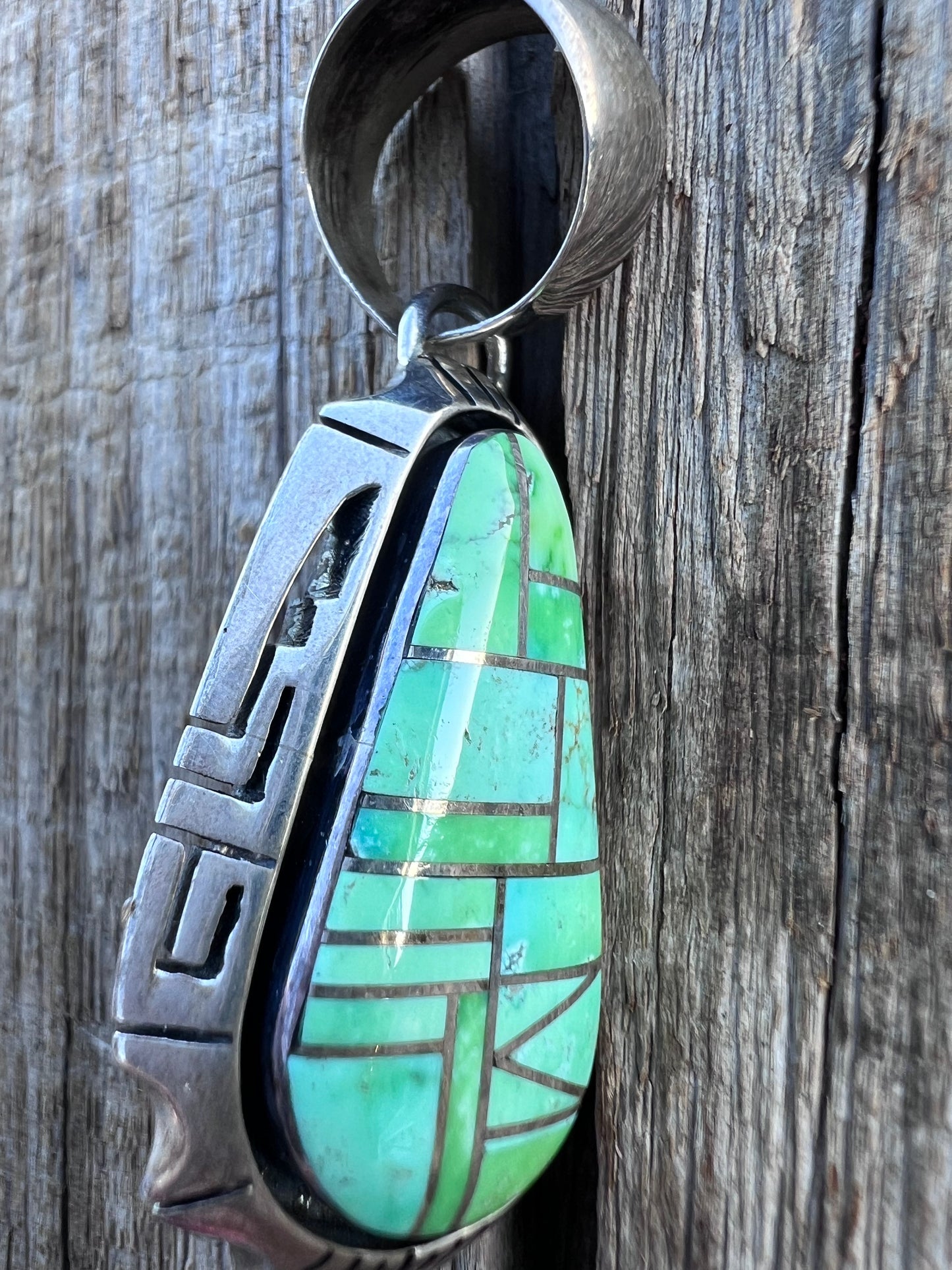Native American Handmade by Ryan Sanchez- Sterling & Turquoise Inlaid Pendant 2.25”