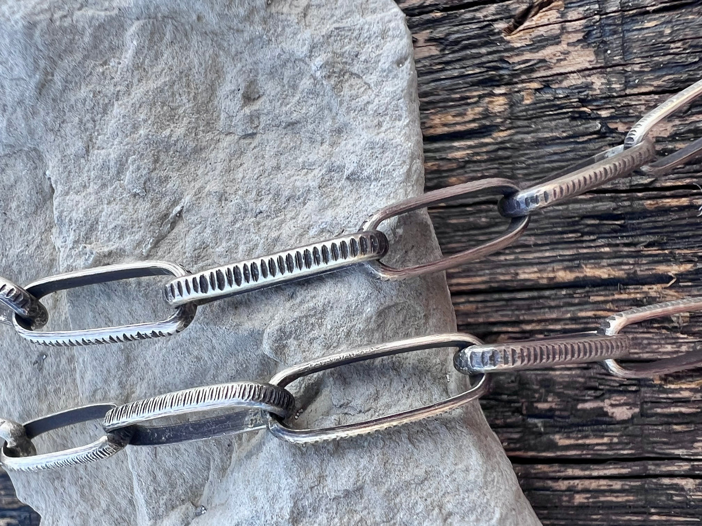 Native American Handmade Textured, Oxidized Paperclip Chain Necklace 24”