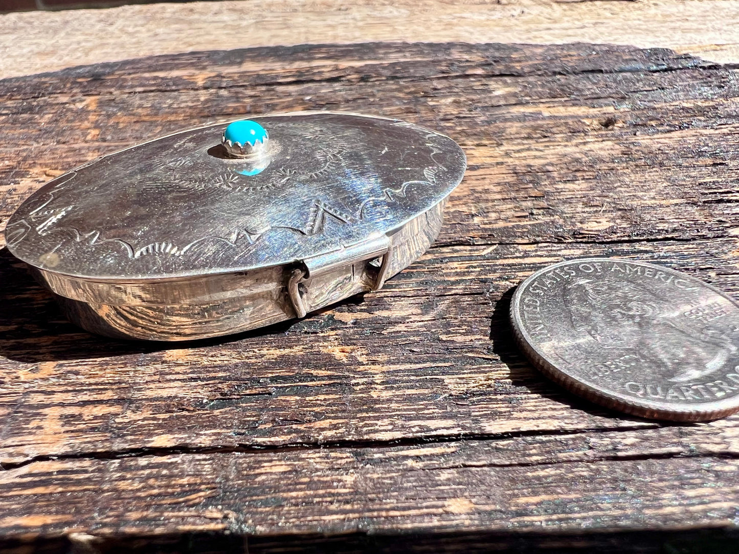 Sterling Silver w/Turquoise and Stamped Oval Pill/Trinket Box Navajo Handmade by Jeffery Castillo