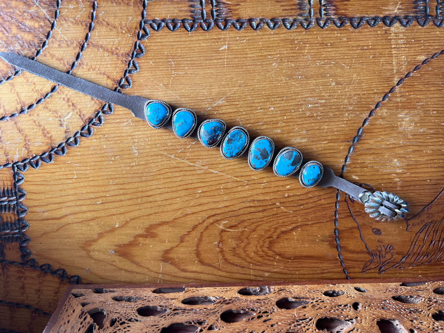 Native American Handmade Sterling, Turquoise on Leather Bracelet Sz 6.5-9”