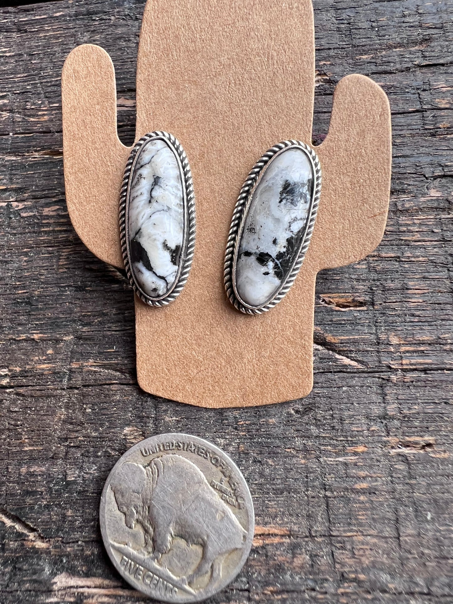 Navajo Handmade Oval White Buffalo Sterling Post Earrings